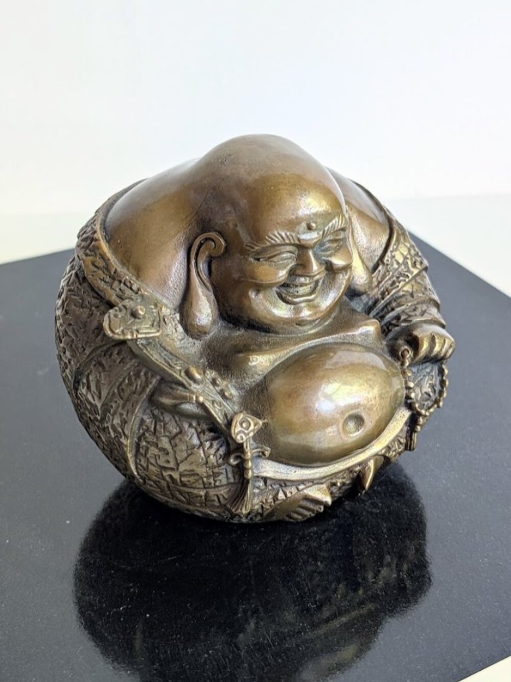 Vintage Bronze Happy Laughing Buddha Statue Wealth Feng Shui Sculpture 4" Tall